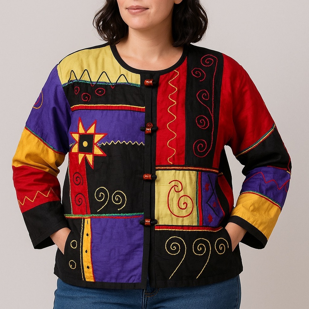 Vtg 100% Silk Colorblock Patchwork Jacket XL Embroidered Beaded Toggle Coat